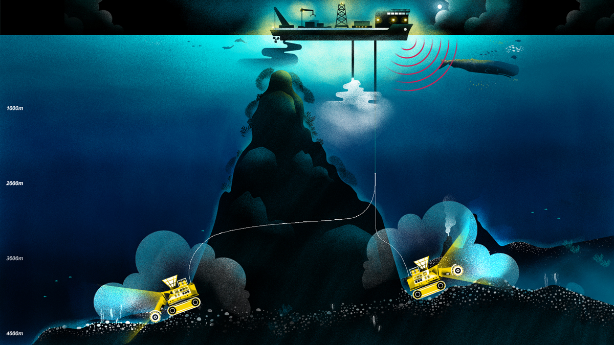 Diagram showing how deep-sea mining extraction would work, from collector vehicle on the seafloor to surface vessel.